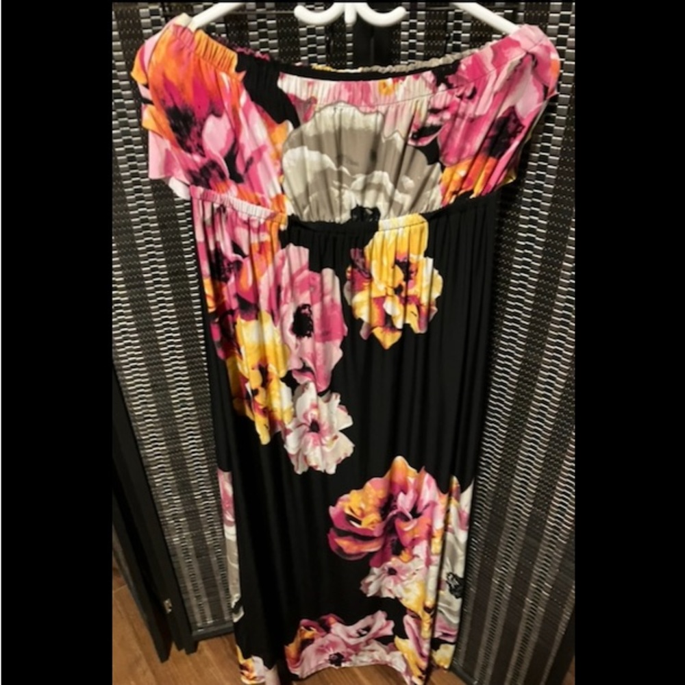 Off the shoulder, full length polyester floral summer dress.